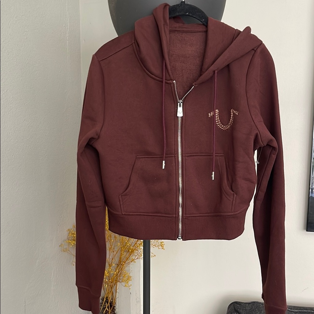 Women’s True Religion Brown Zip-Up Hoodie with Embroidery Detail size small.